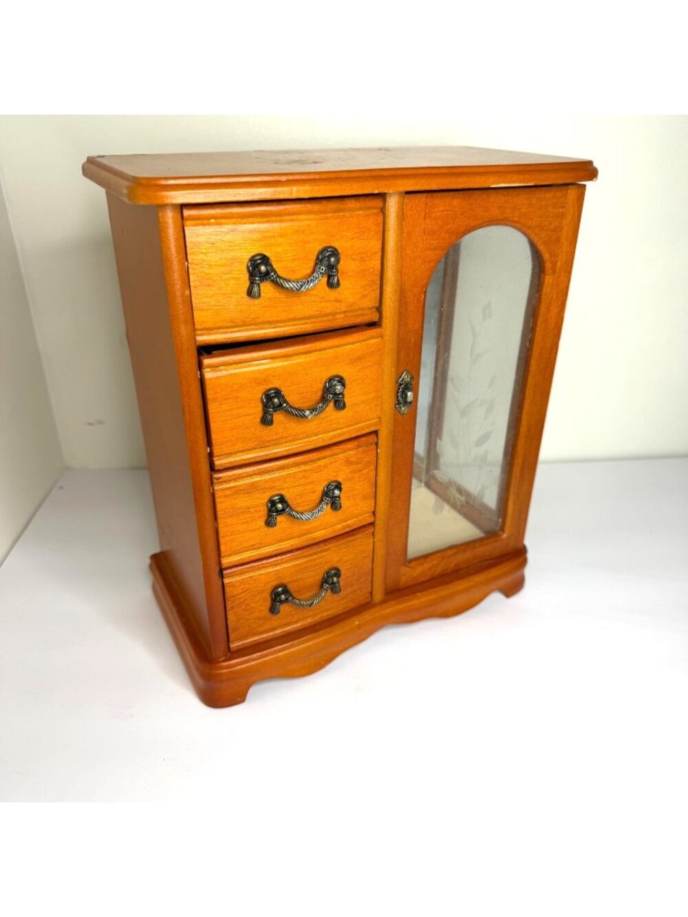 Vintage Wood Jewelry Box Armoire & Drawers Mirror Glass Door Necklace Storage
